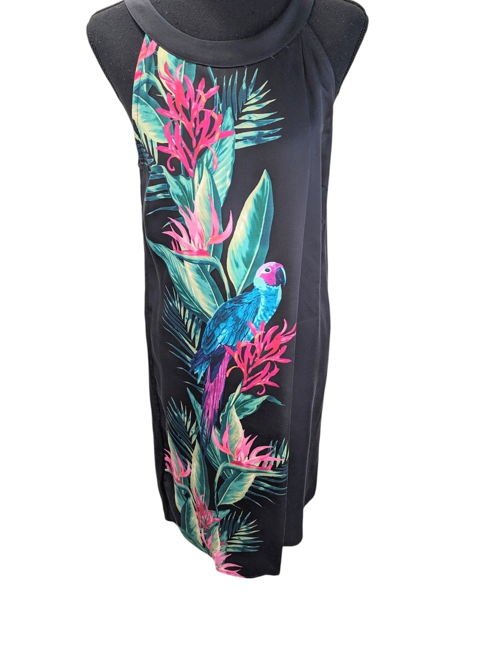 Tommy Bahama Black Midi Dress with Teal & Pink Tropical Parrot Print Size S